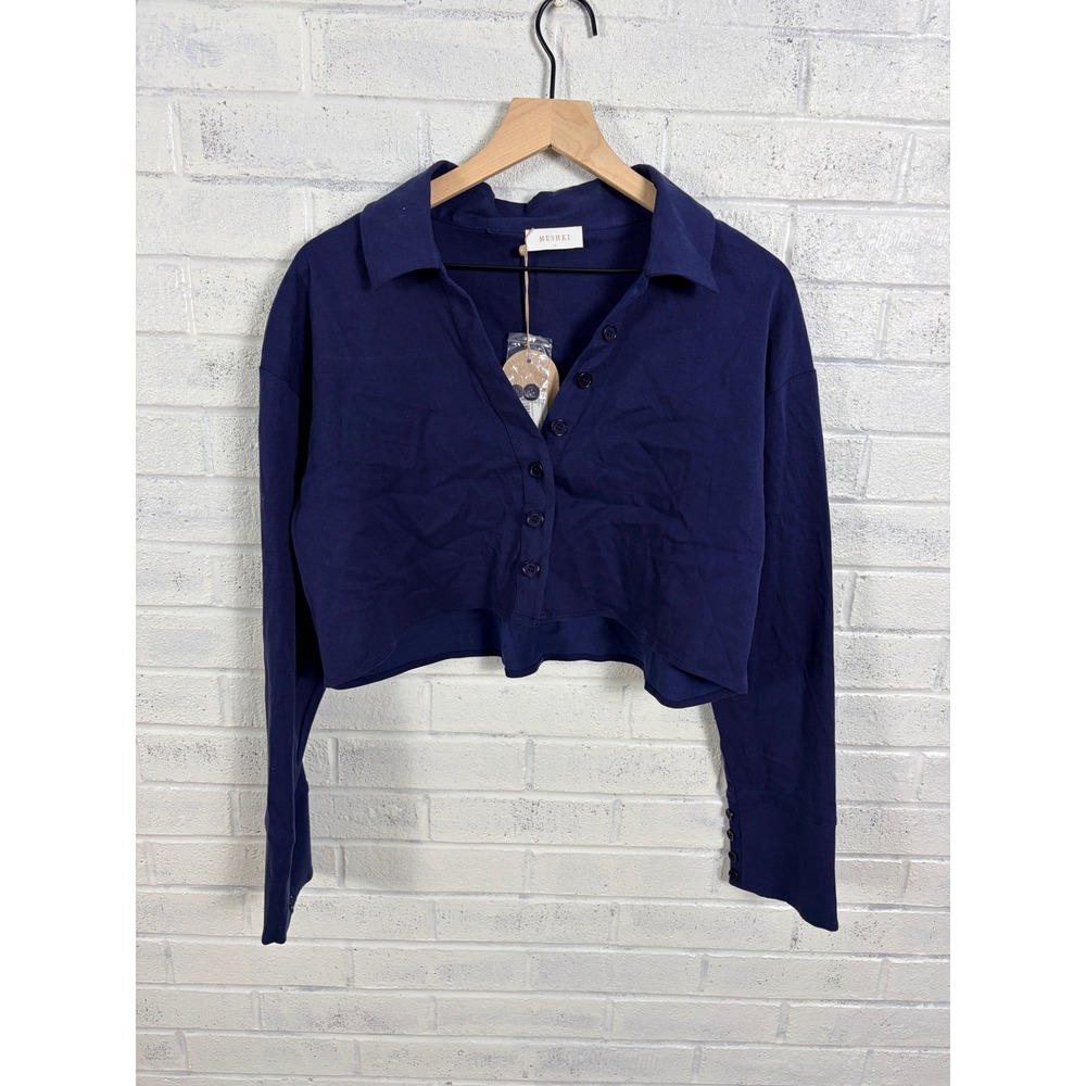 MESHKI Julianna Cotton Button Up Shirt Womens M Navy Blue Cropped Long Sleeve